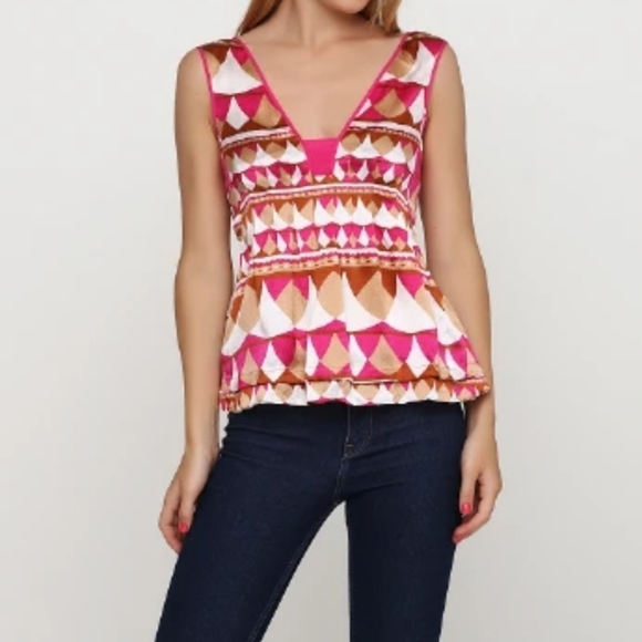 Diane‎ Von Furstenberg 100% Silk Pink Tan White Geometric Square Neck Top - Picture 1 of 8